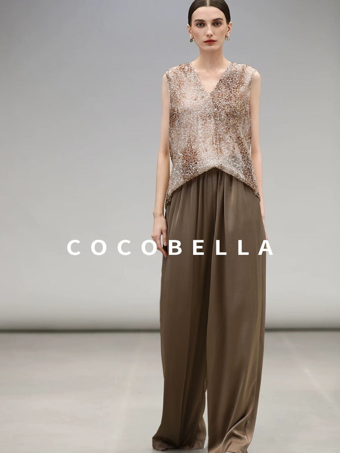 COCOBELLA Sparkling Sequin Lightweight Straight Cut V Neck Sleeveless Women Blouse Shirts