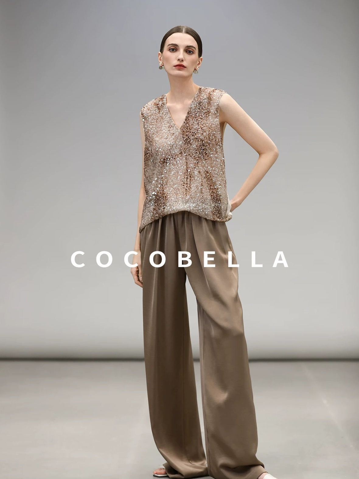 COCOBELLA Sparkling Sequin Lightweight Straight Cut V Neck Sleeveless Women Blouse Shirts