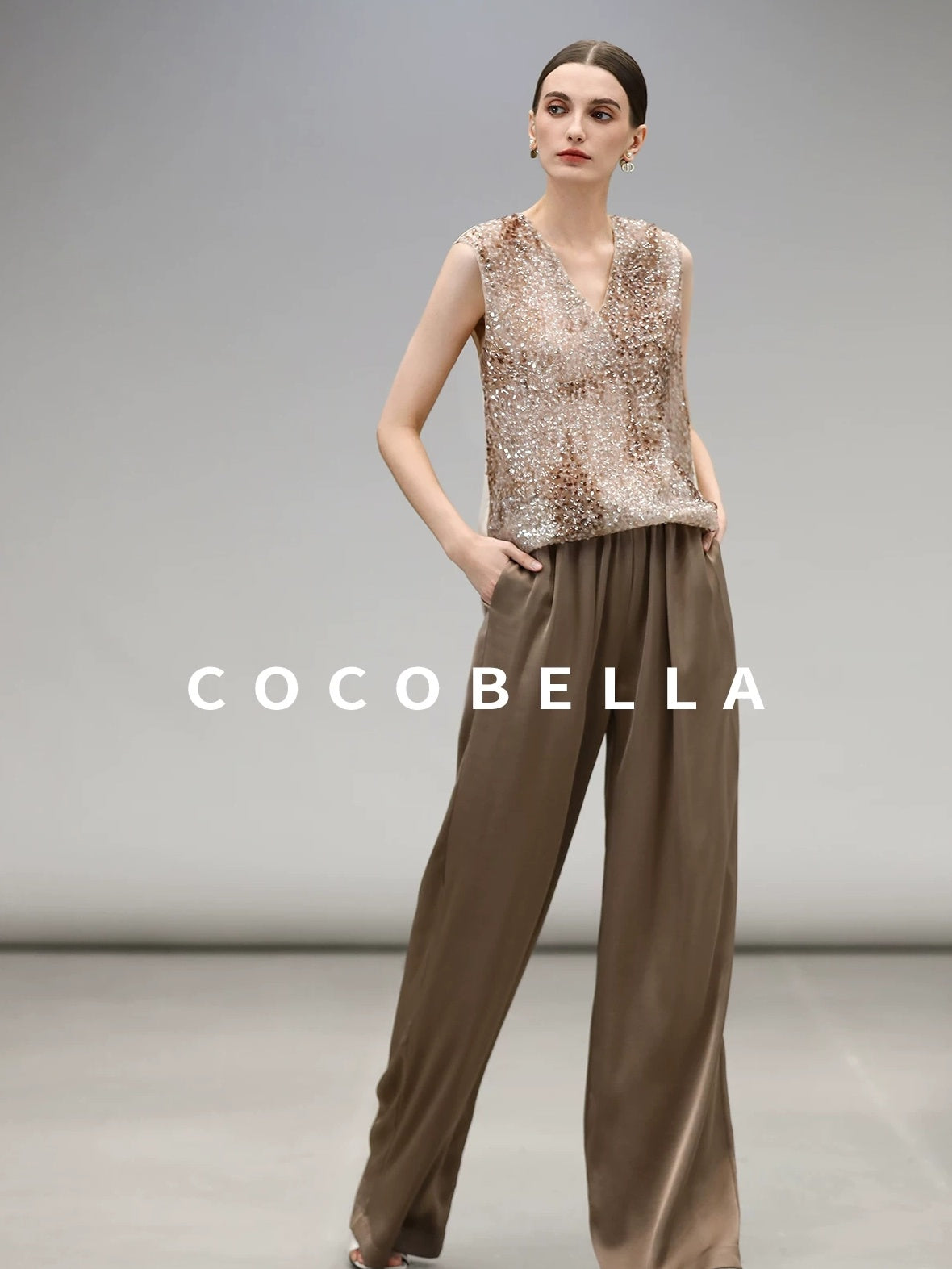 COCOBELLA Sparkling Sequin Lightweight Straight Cut V Neck Sleeveless Women Blouse Shirts