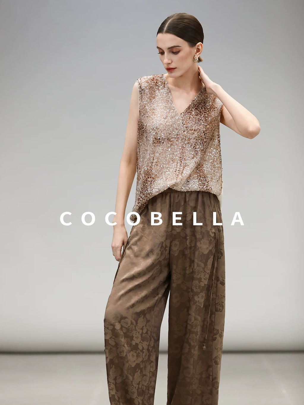 COCOBELLA Sparkling Sequin Lightweight Straight Cut V Neck Sleeveless Women Blouse Shirts
