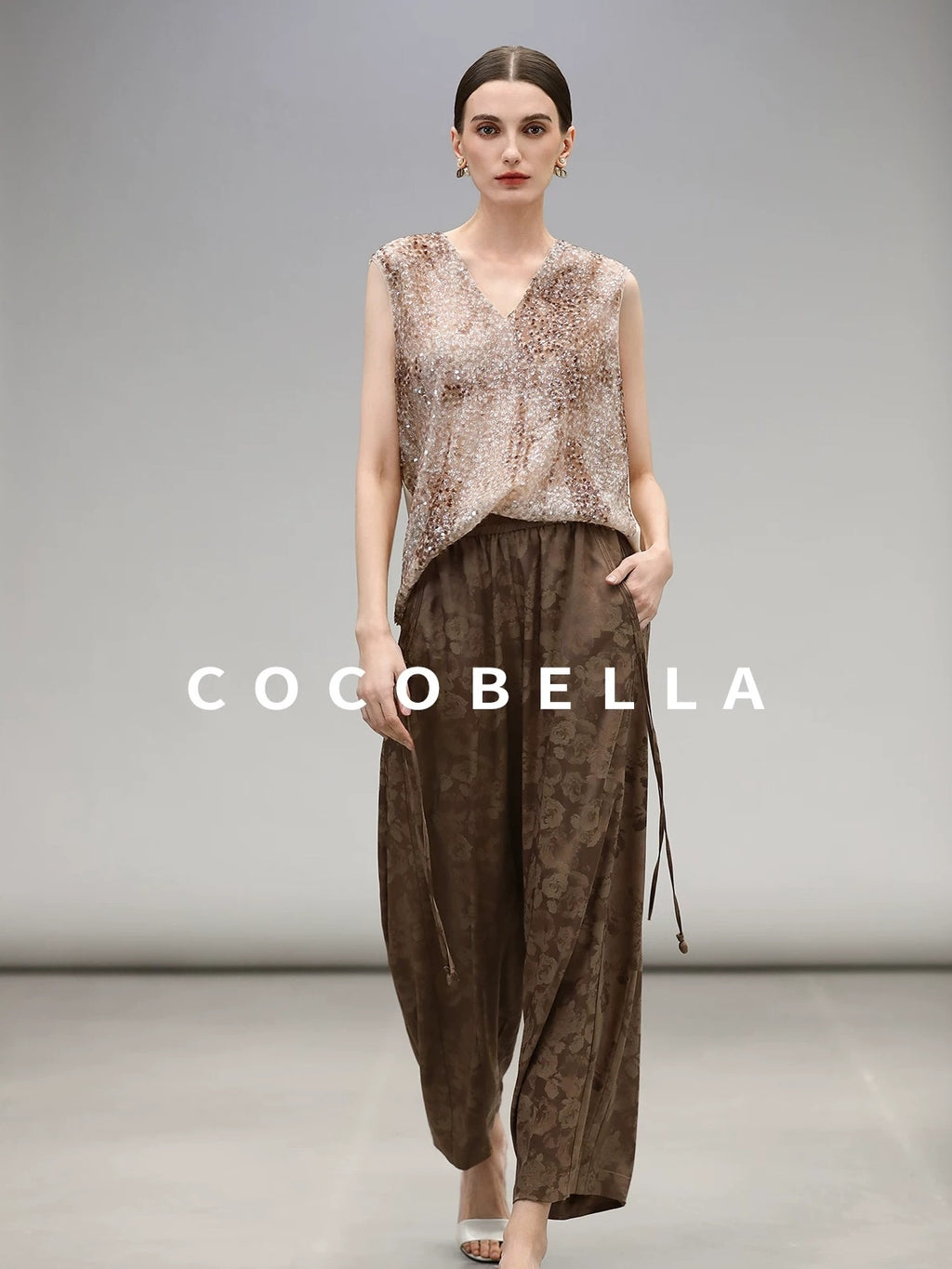 COCOBELLA Sparkling Sequin Lightweight Straight Cut V Neck Sleeveless Women Blouse Shirts