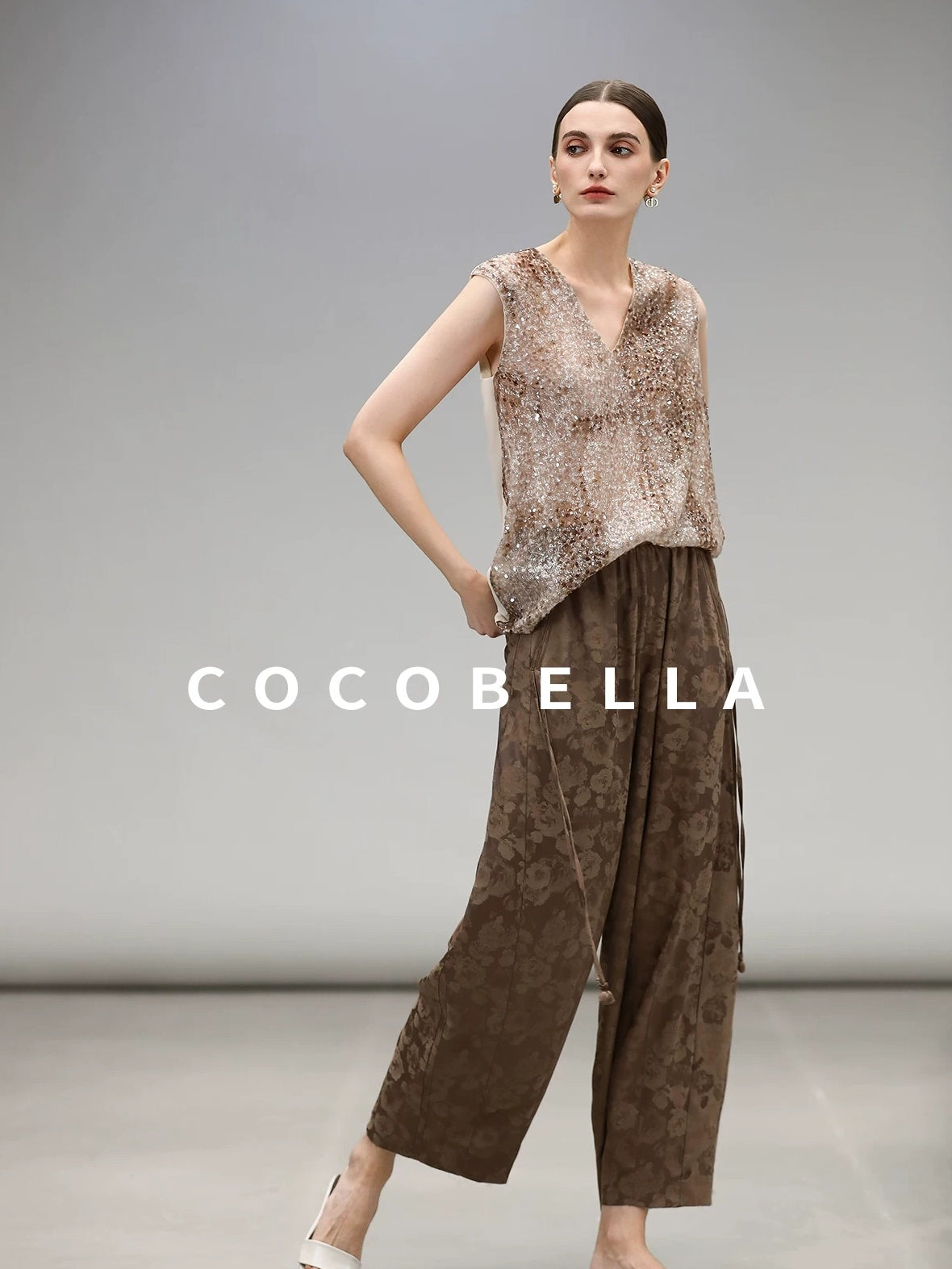 COCOBELLA Sparkling Sequin Lightweight Straight Cut V Neck Sleeveless Women Blouse Shirts