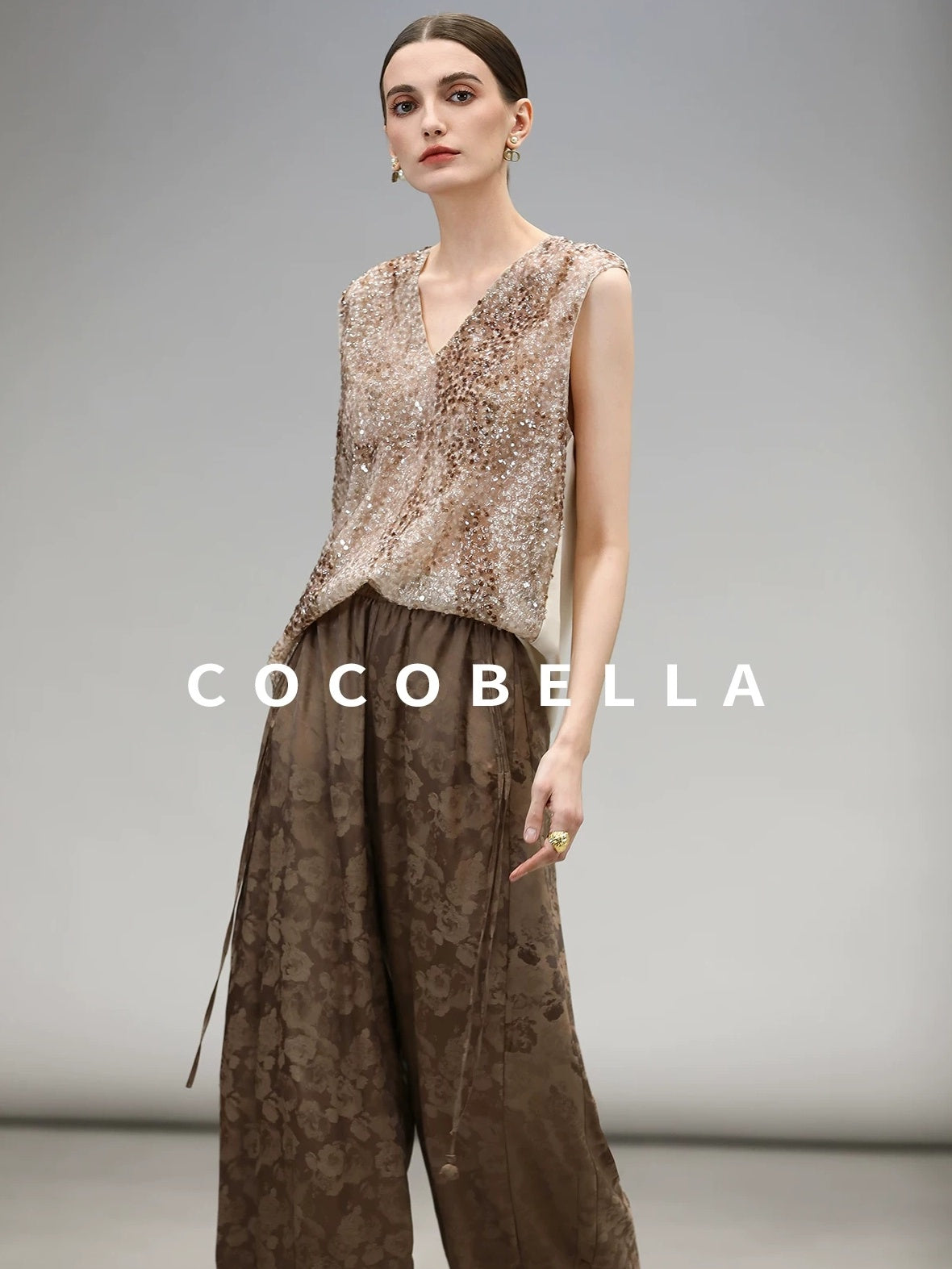 COCOBELLA Sparkling Sequin Lightweight Straight Cut V Neck Sleeveless Women Blouse Shirts