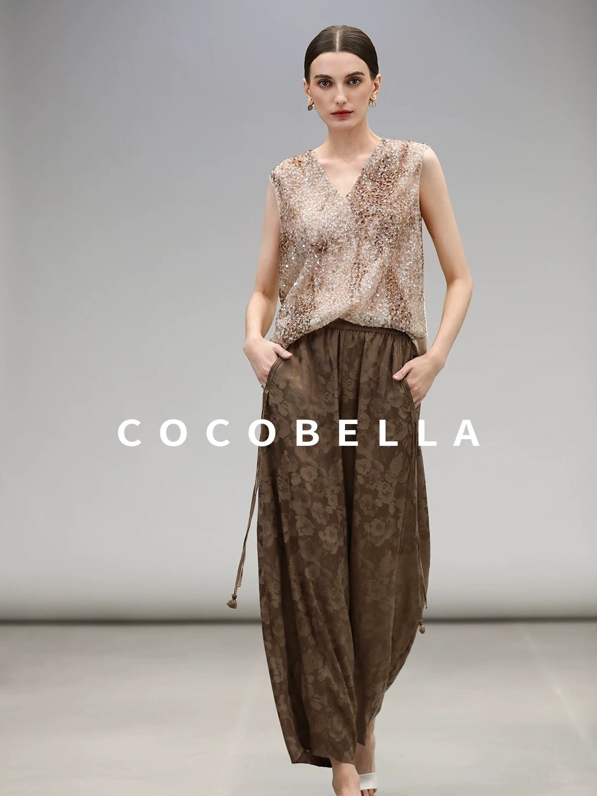COCOBELLA Sparkling Sequin Lightweight Straight Cut V Neck Sleeveless Women Blouse Shirts