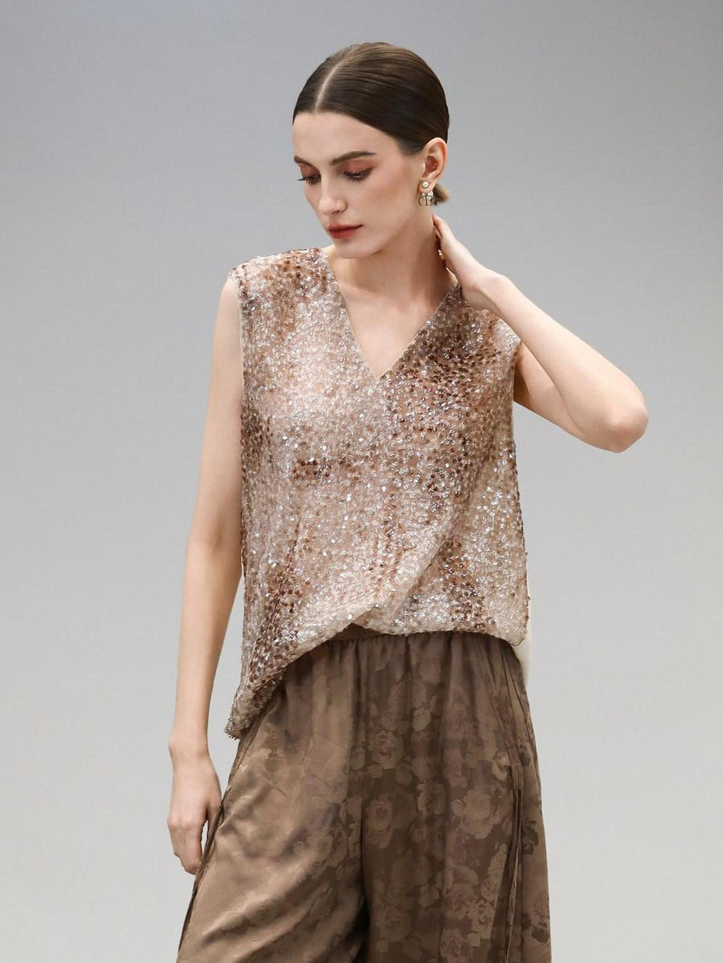 COCOBELLA Sparkling Sequin Lightweight Straight Cut V Neck Sleeveless Women Blouse Shirts