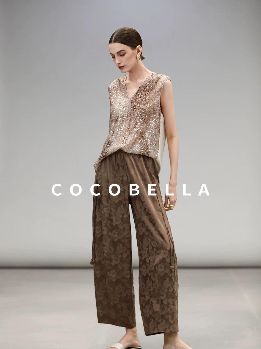 COCOBELLA Sparkling Sequin Lightweight Straight Cut V Neck Sleeveless Women Blouse Shirts