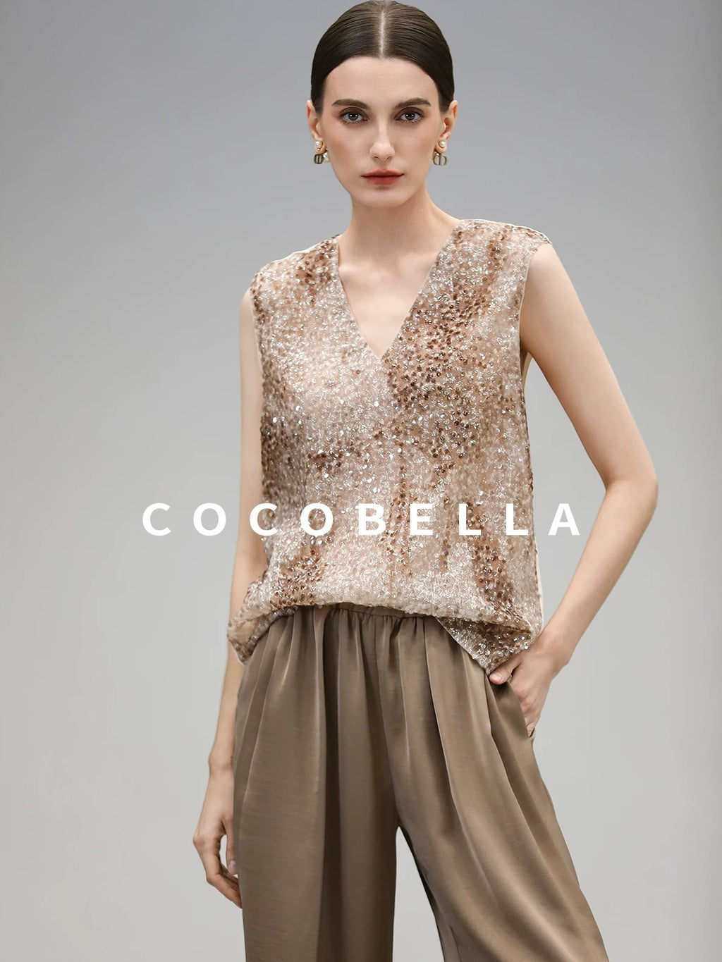 COCOBELLA Sparkling Sequin Lightweight Straight Cut V Neck Sleeveless Women Blouse Shirts