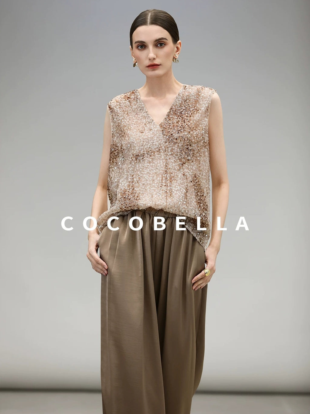 COCOBELLA Sparkling Sequin Lightweight Straight Cut V Neck Sleeveless Women Blouse Shirts