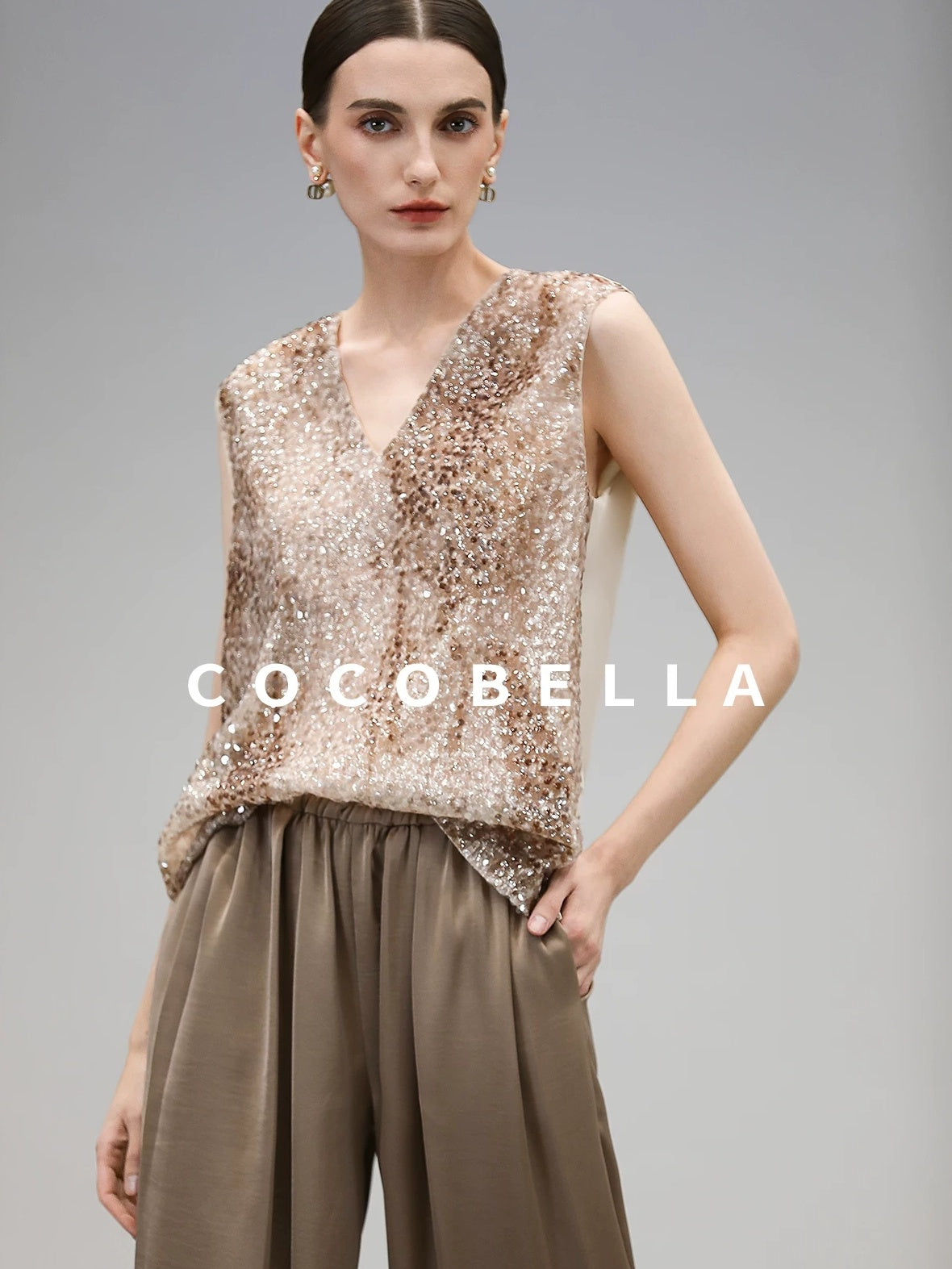 COCOBELLA Sparkling Sequin Lightweight Straight Cut V Neck Sleeveless Women Blouse Shirts