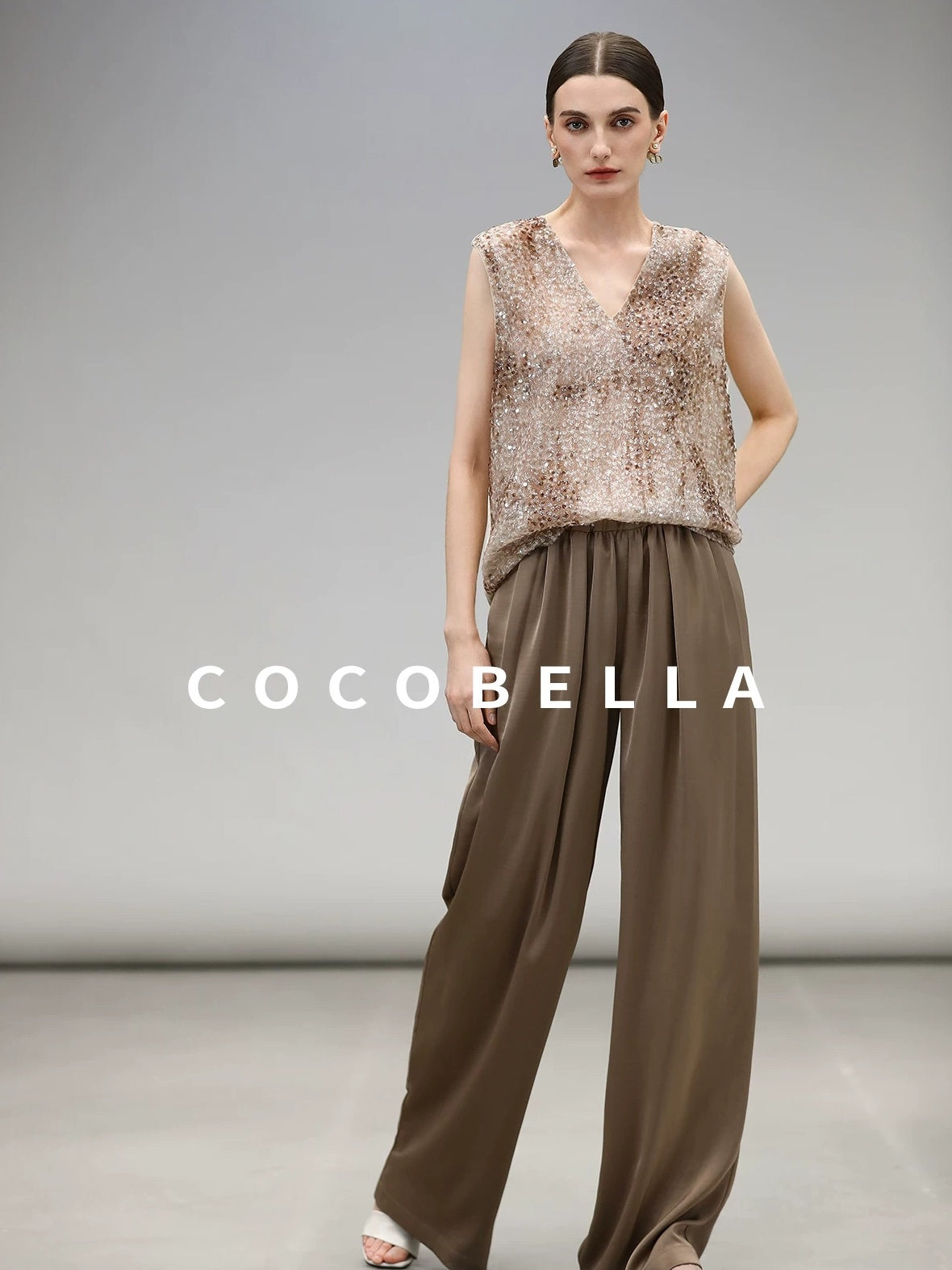 COCOBELLA Sparkling Sequin Lightweight Straight Cut V Neck Sleeveless Women Blouse Shirts