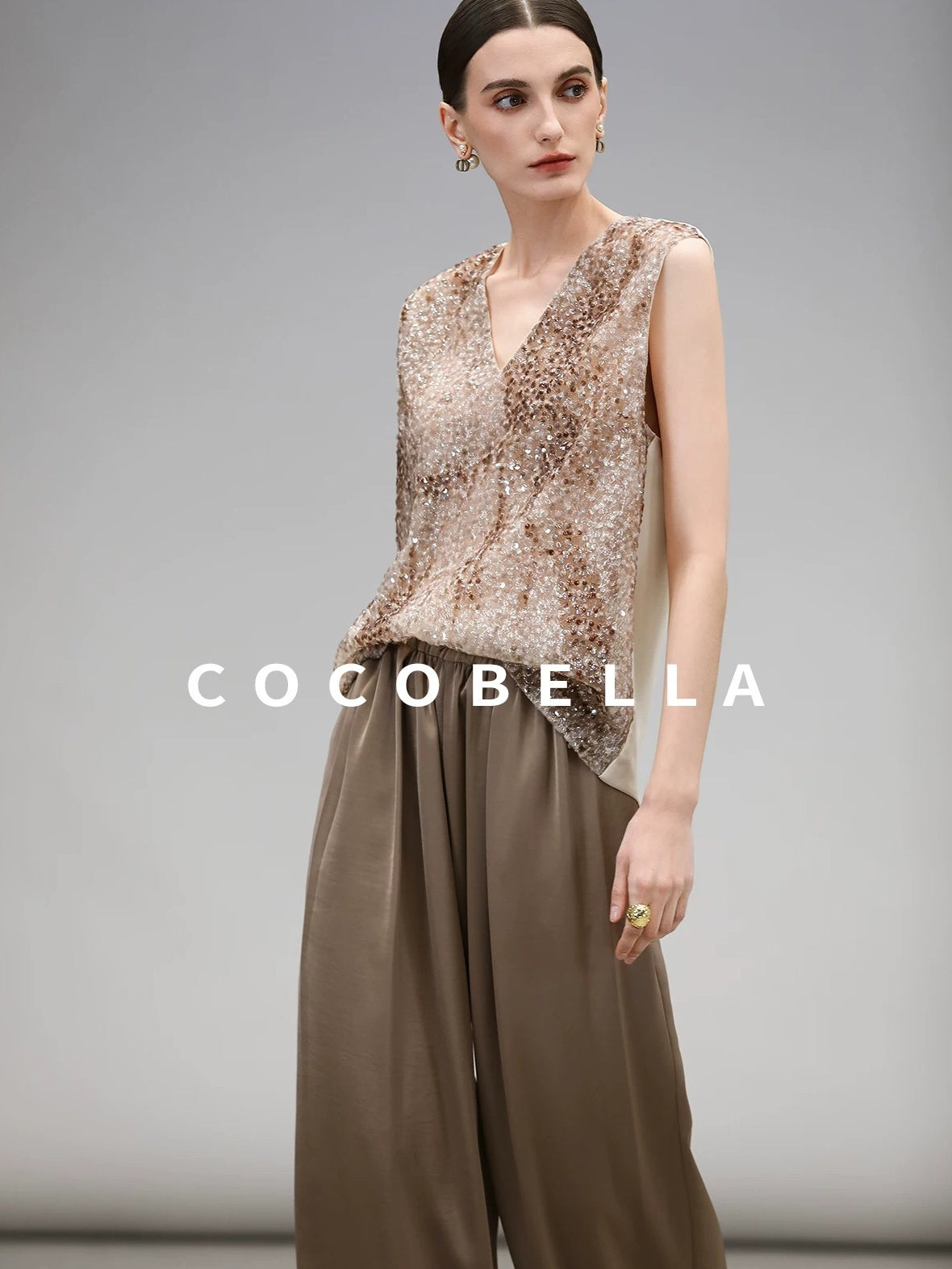 COCOBELLA Sparkling Sequin Lightweight Straight Cut V Neck Sleeveless Women Blouse Shirts
