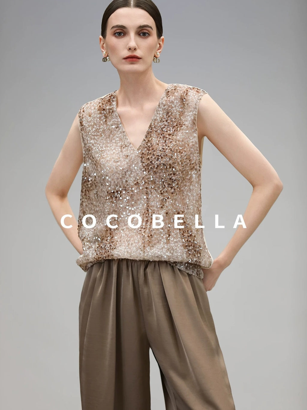 COCOBELLA Sparkling Sequin Lightweight Straight Cut V Neck Sleeveless Women Blouse Shirts
