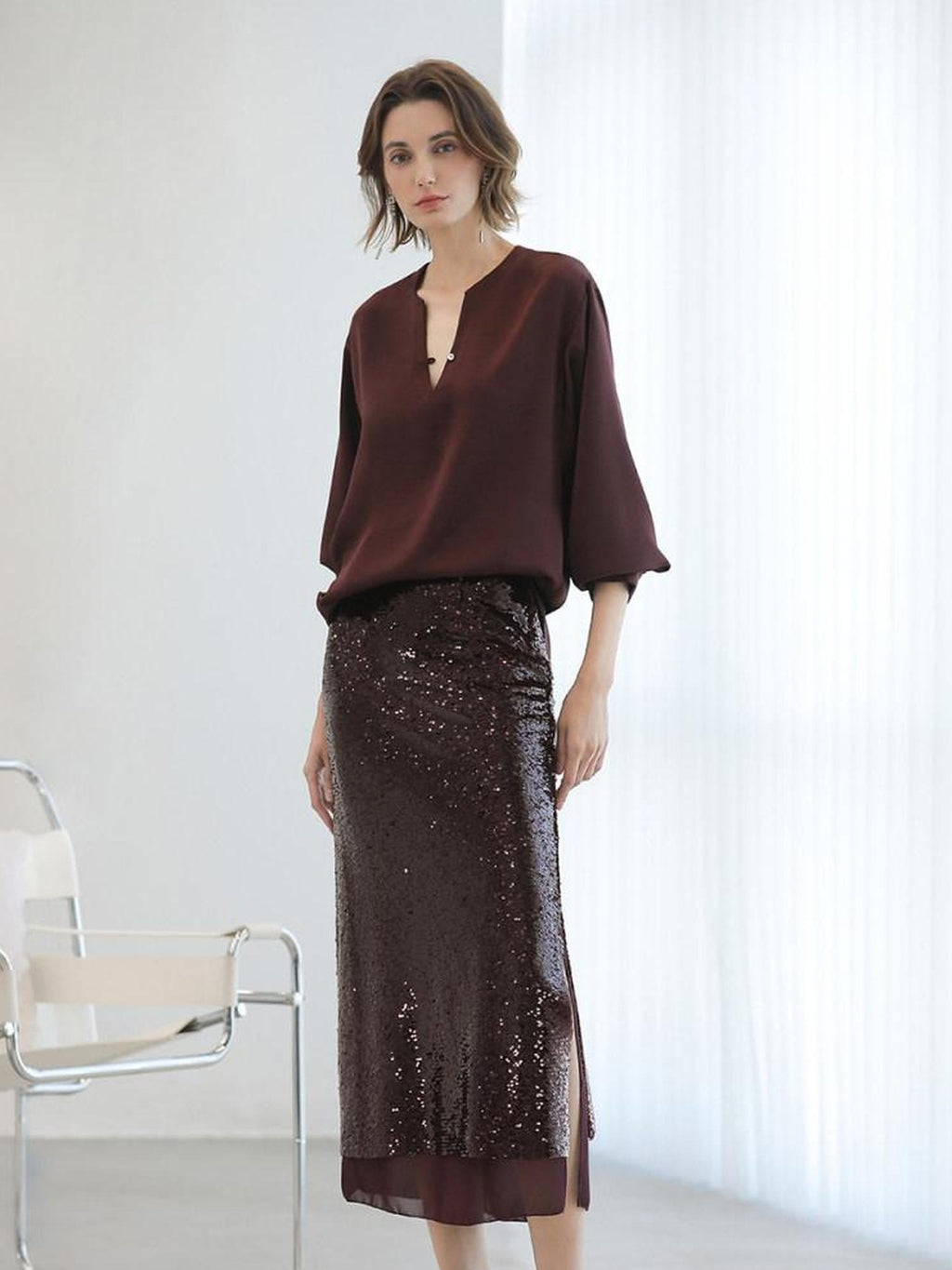 COCOBELLA Sparkling Sequin Mid Waist Elegant Office Wrap Straight H Line Polyester Skirts