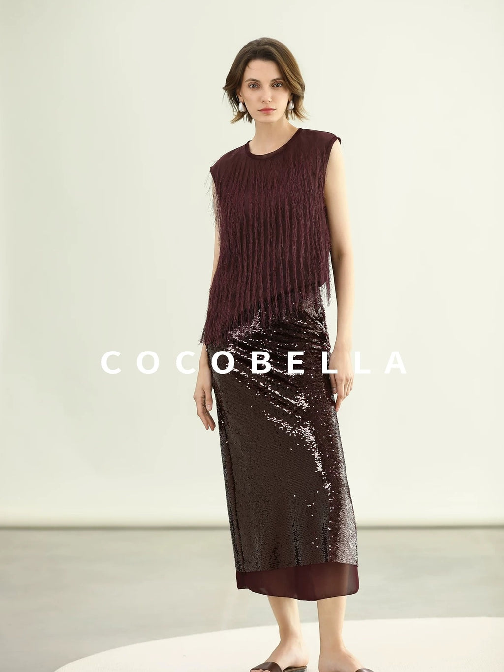 COCOBELLA Sparkling Sequin Mid Waist Elegant Office Wrap Straight H Line Polyester Skirts