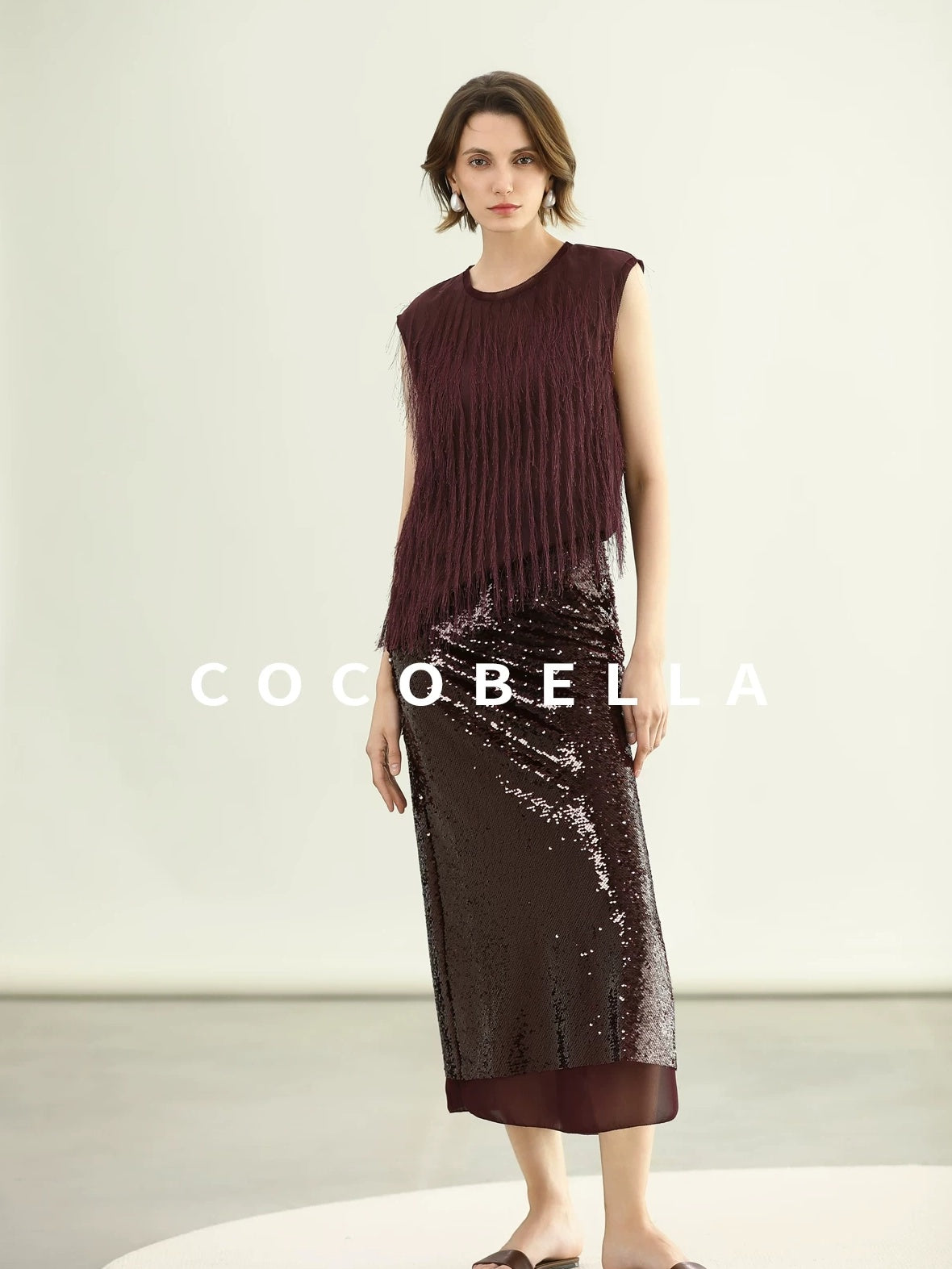 COCOBELLA Sparkling Sequin Mid Waist Elegant Office Wrap Straight H Line Polyester Skirts