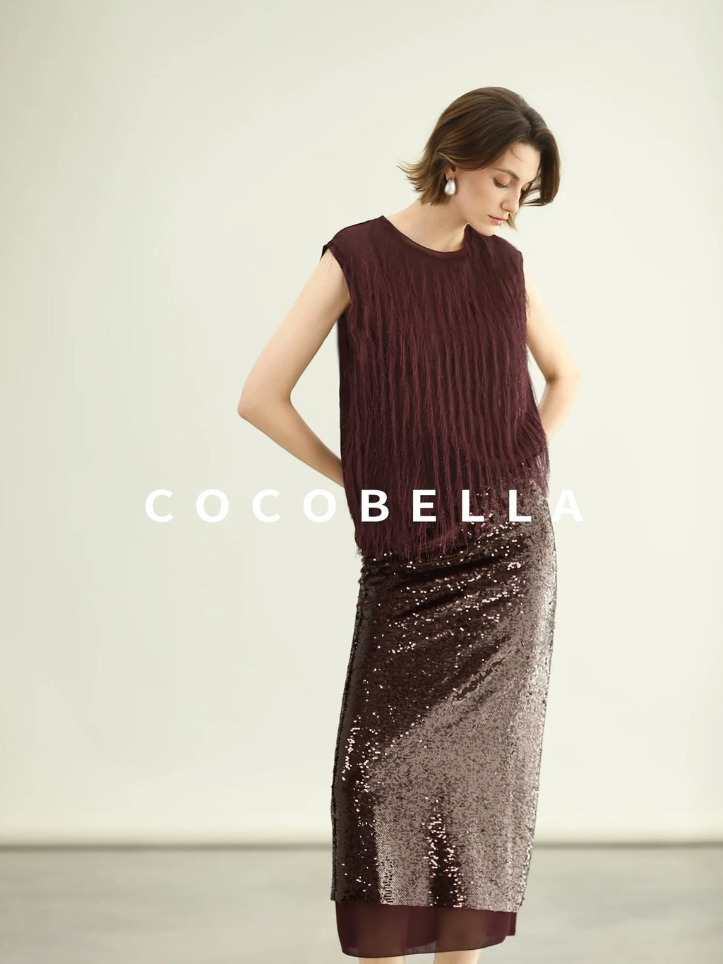 COCOBELLA Sparkling Sequin Mid Waist Elegant Office Wrap Straight H Line Polyester Skirts
