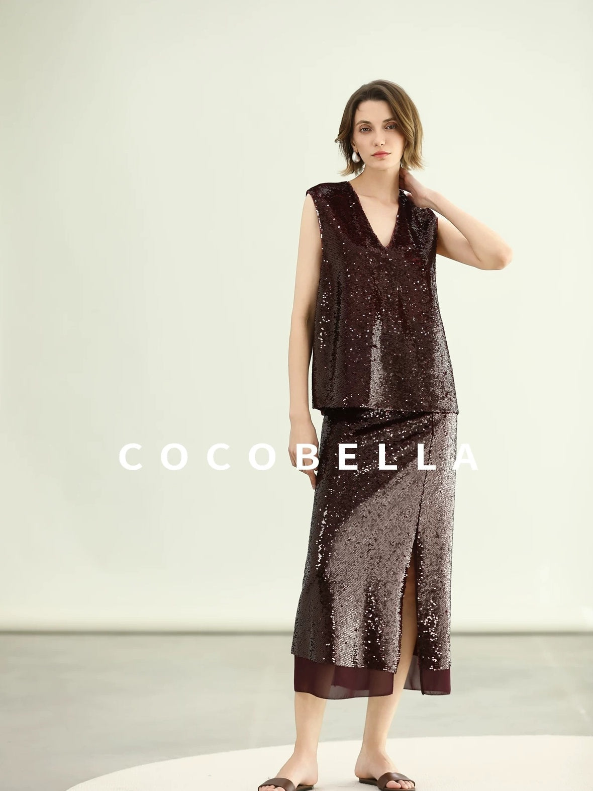 COCOBELLA Sparkling Sequin Mid Waist Elegant Office Wrap Straight H Line Polyester Skirts