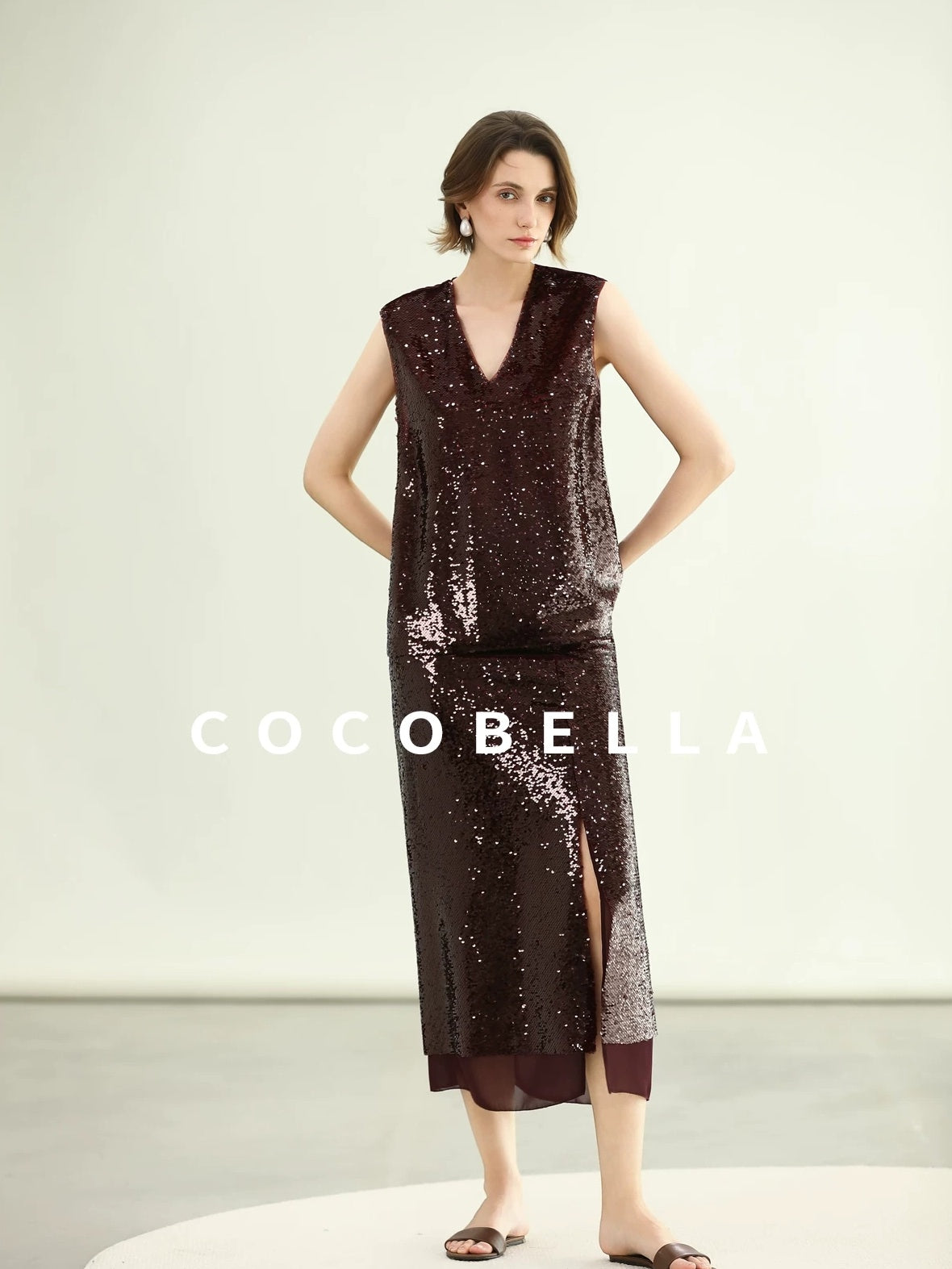 COCOBELLA Sparkling Sequin Mid Waist Elegant Office Wrap Straight H Line Polyester Skirts