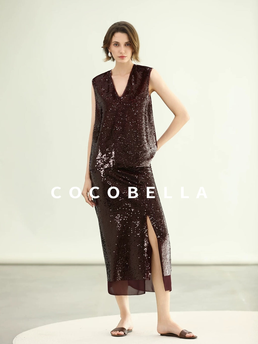 COCOBELLA Sparkling Sequin Mid Waist Elegant Office Wrap Straight H Line Polyester Skirts