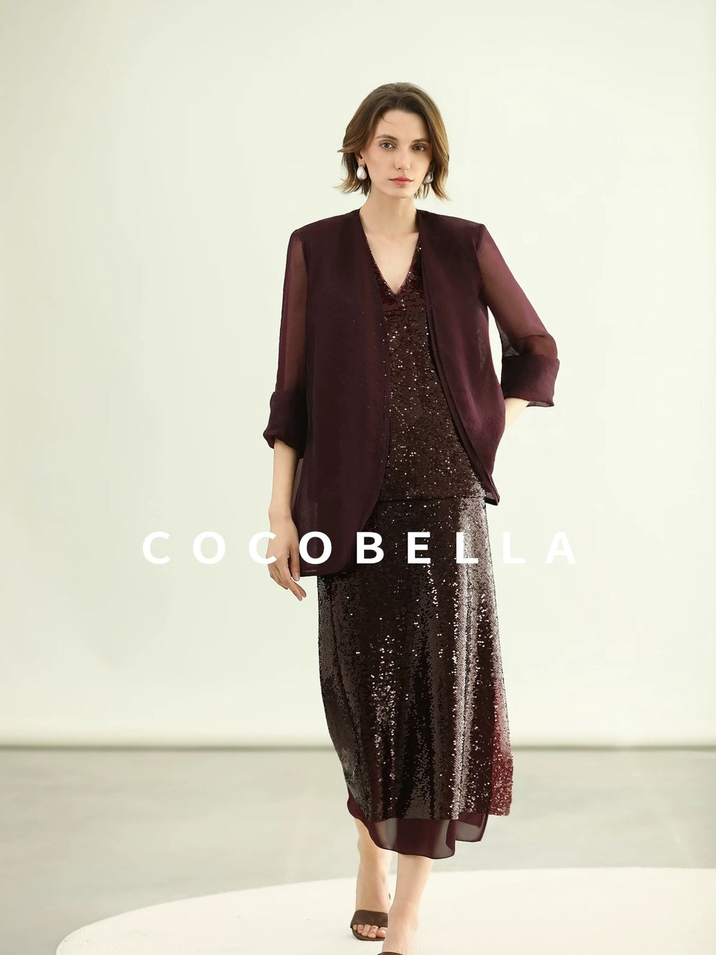 COCOBELLA Sparkling Sequin Mid Waist Elegant Office Wrap Straight H Line Polyester Skirts