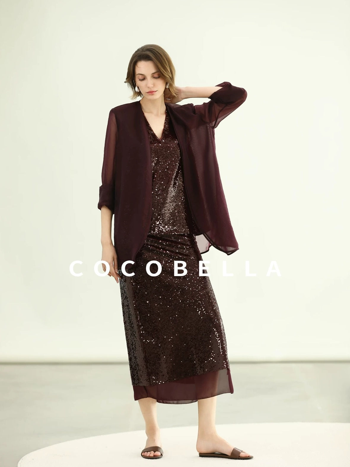 COCOBELLA Sparkling Sequin Mid Waist Elegant Office Wrap Straight H Line Polyester Skirts