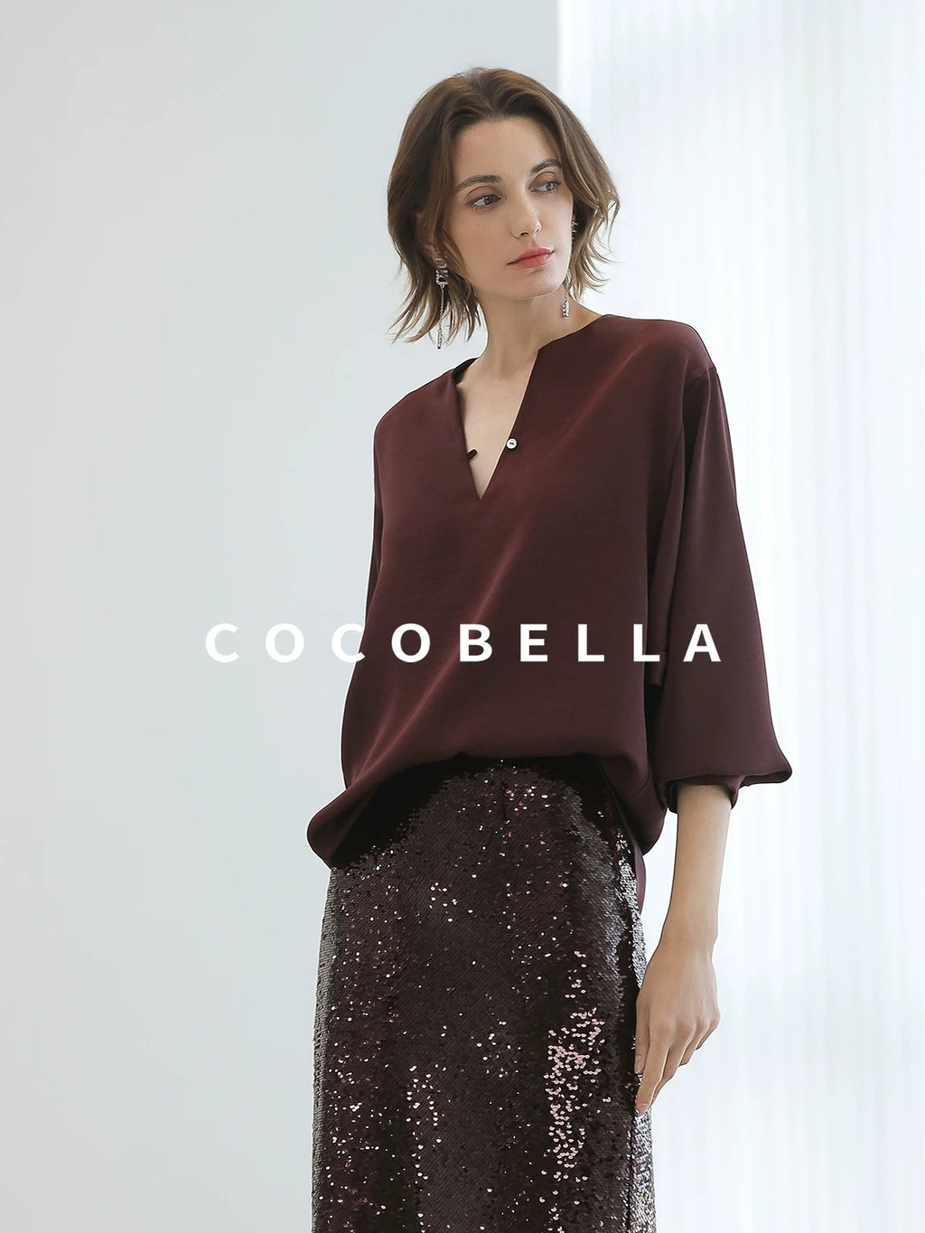 COCOBELLA Sparkling Sequin Mid Waist Elegant Office Wrap Straight H Line Polyester Skirts