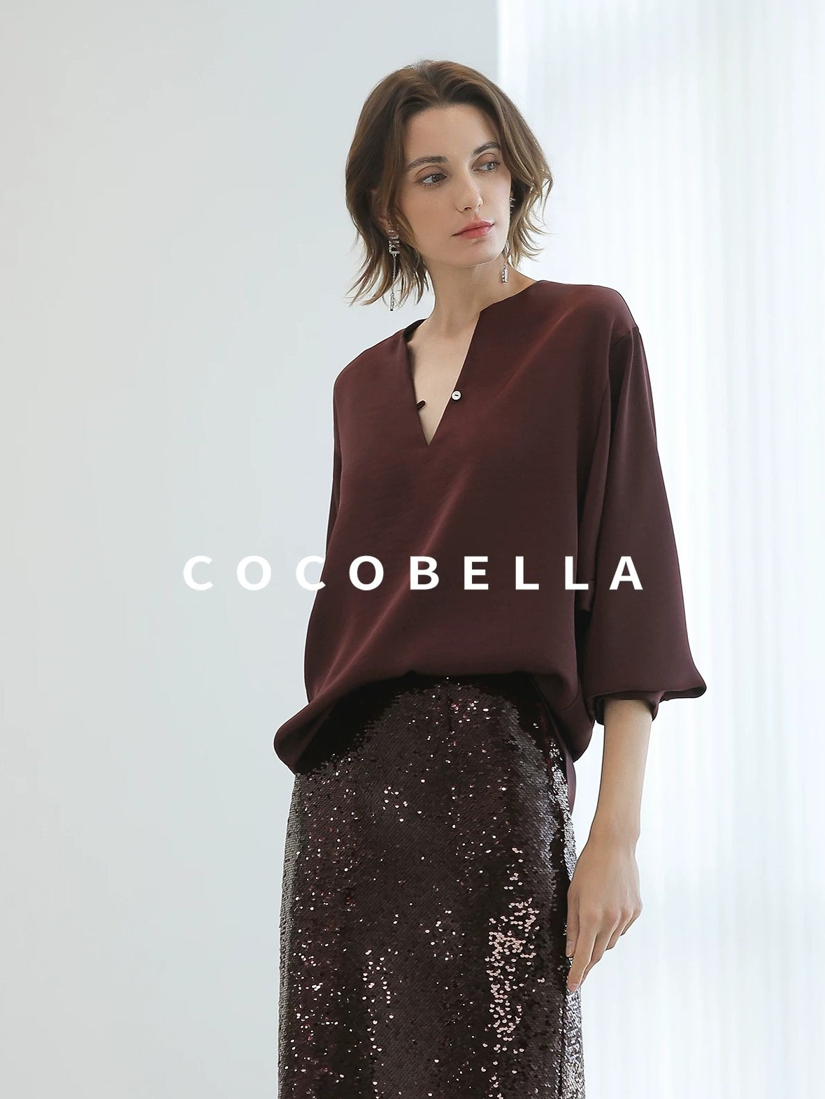 COCOBELLA Sparkling Sequin Mid Waist Elegant Office Wrap Straight H Line Polyester Skirts