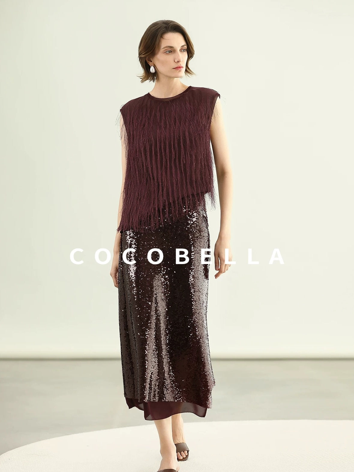 COCOBELLA Sparkling Sequin Mid Waist Elegant Office Wrap Straight H Line Polyester Skirts