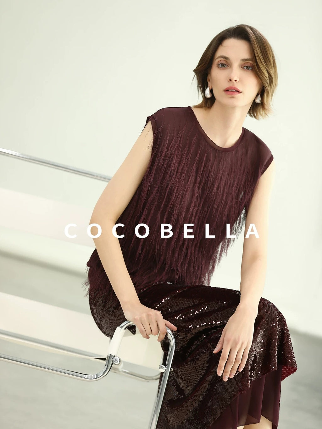 COCOBELLA Sparkling Sequin Mid Waist Elegant Office Wrap Straight H Line Polyester Skirts