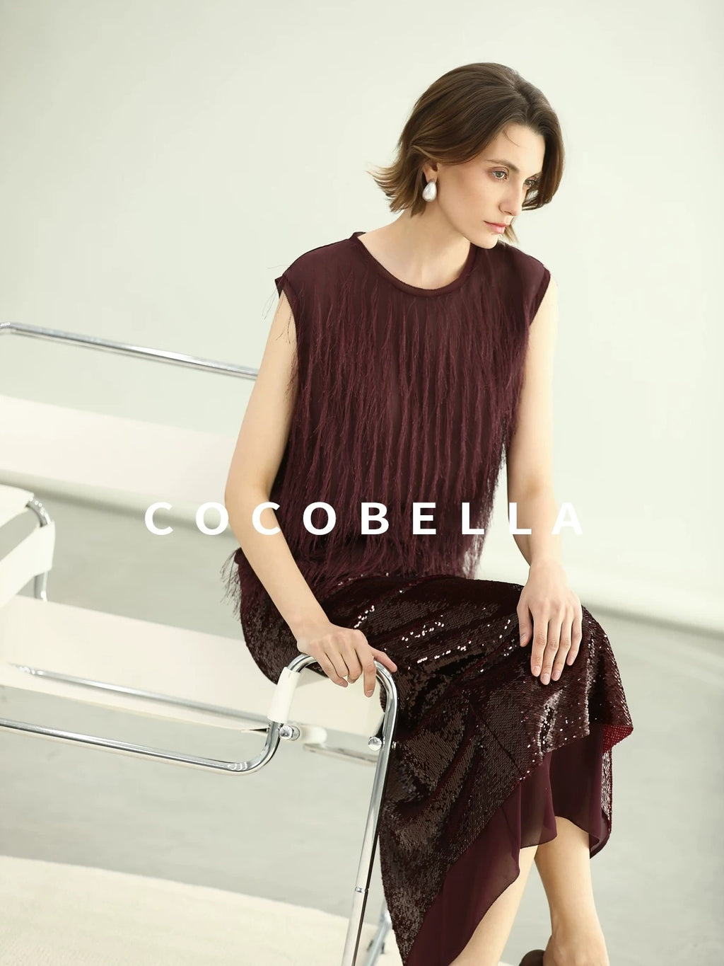 COCOBELLA Sparkling Sequin Mid Waist Elegant Office Wrap Straight H Line Polyester Skirts