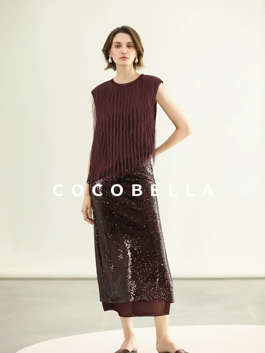 COCOBELLA Sparkling Sequin Mid Waist Elegant Office Wrap Straight H Line Polyester Skirts
