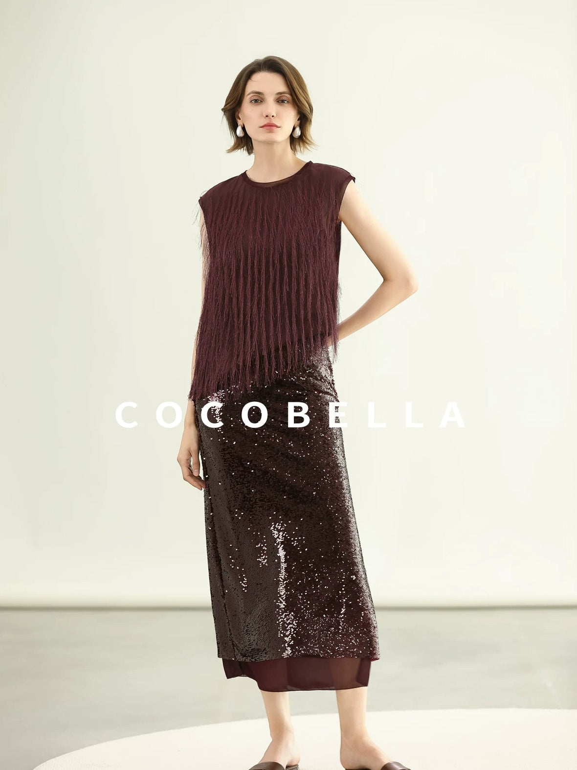 COCOBELLA Sparkling Sequin Mid Waist Elegant Office Wrap Straight H Line Polyester Skirts