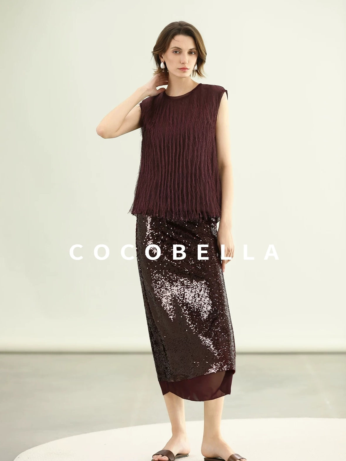 COCOBELLA Sparkling Sequin Mid Waist Elegant Office Wrap Straight H Line Polyester Skirts