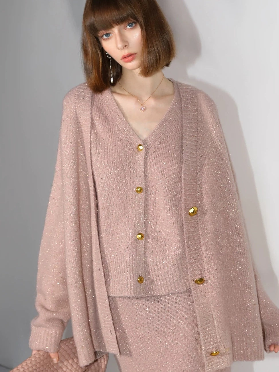 COCOBELLA Sparkling V Neck Button Knit Commuter Chic Honey Pink Workwear Vest