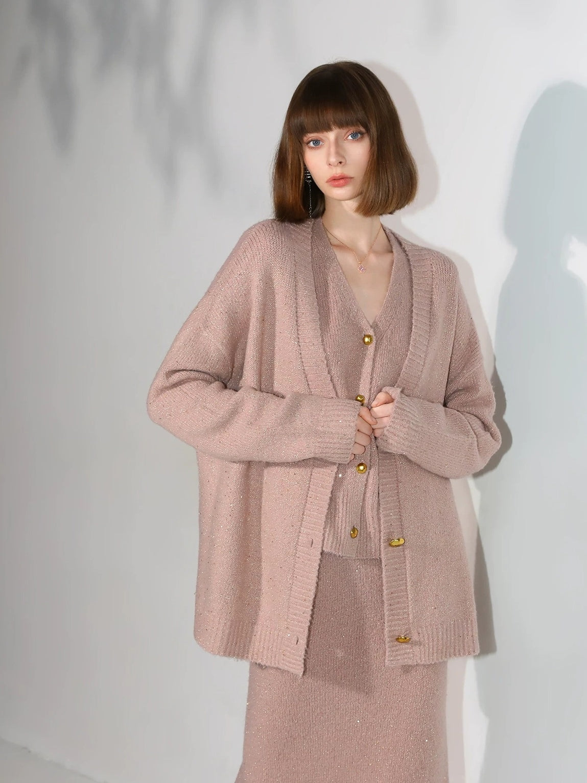 COCOBELLA Sparkling V Neck Button Knit Commuter Chic Honey Pink Workwear Vest