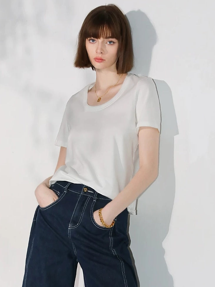 COCOBELLA Stain Resistant Breathable U Neck Straight Cut Casual Women White Solid T-Shirts
