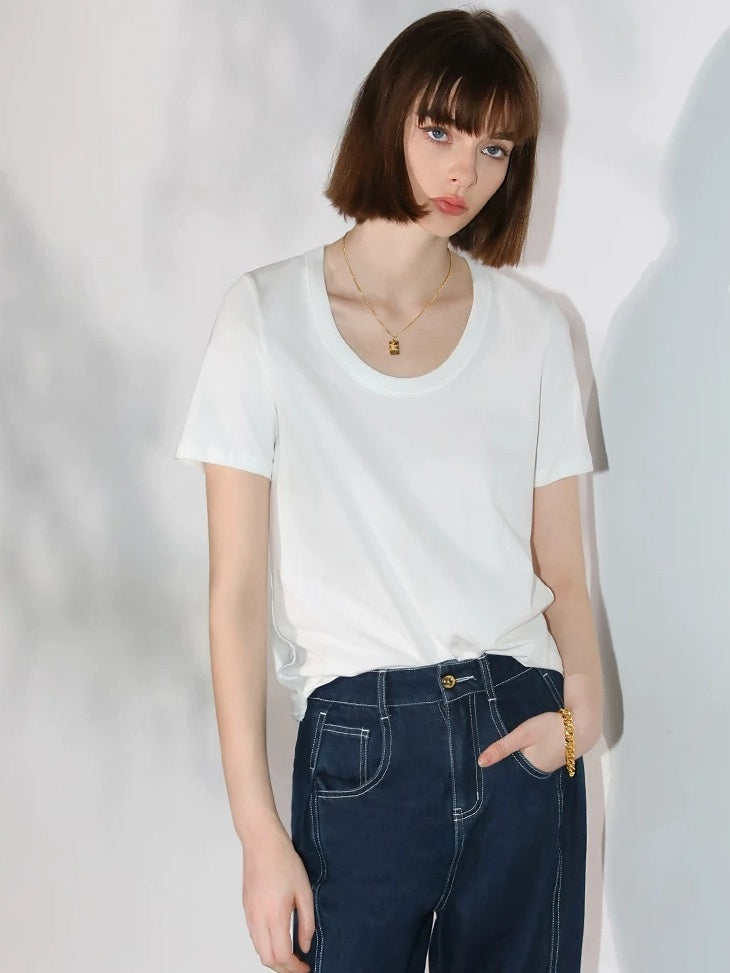 COCOBELLA Stain Resistant Breathable U Neck Straight Cut Casual Women White Solid T-Shirts