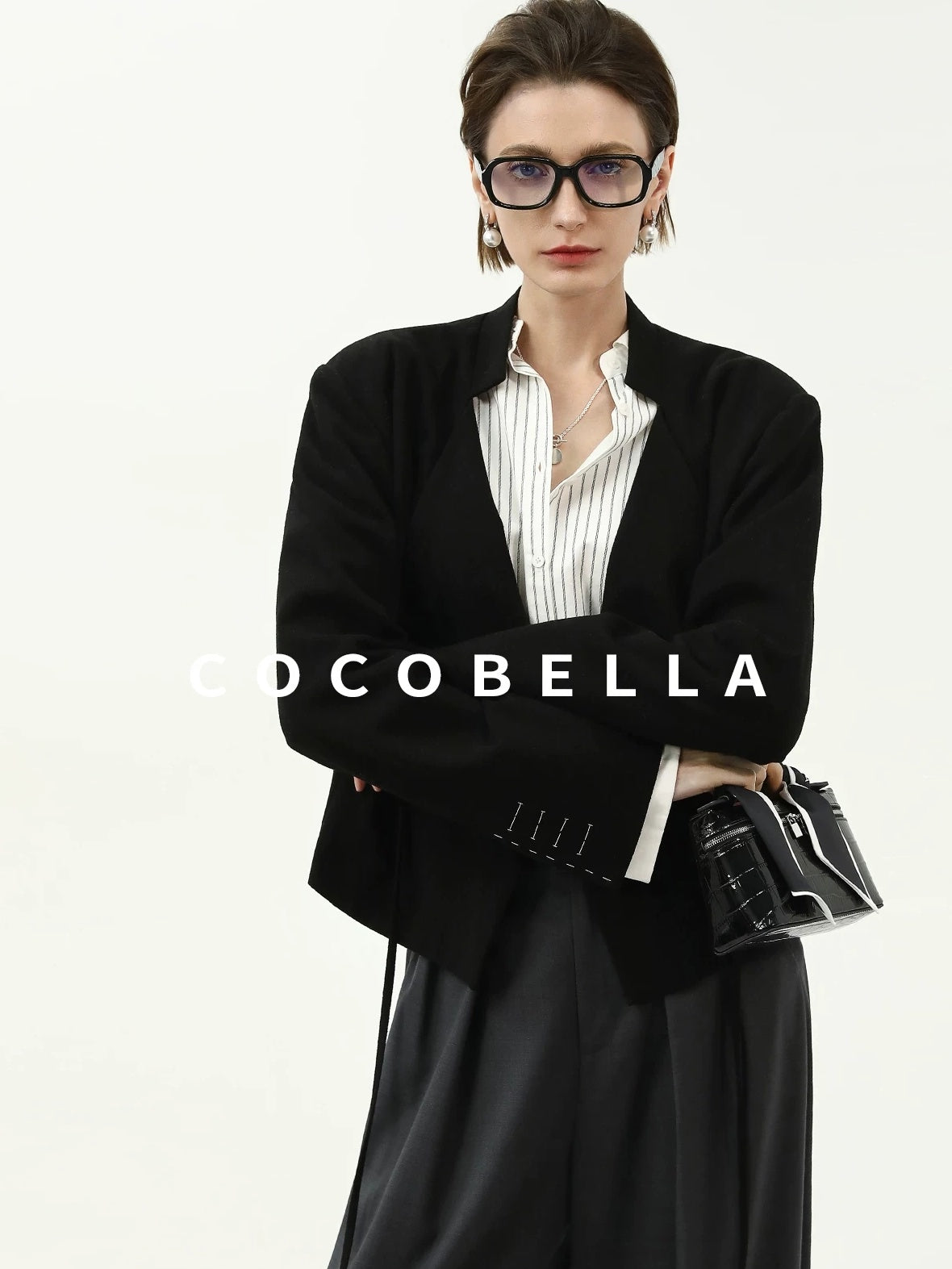 COCOBELLA Streamlined Office Straight Cut Topstitched Detachable Cuffs Women Black Blazers