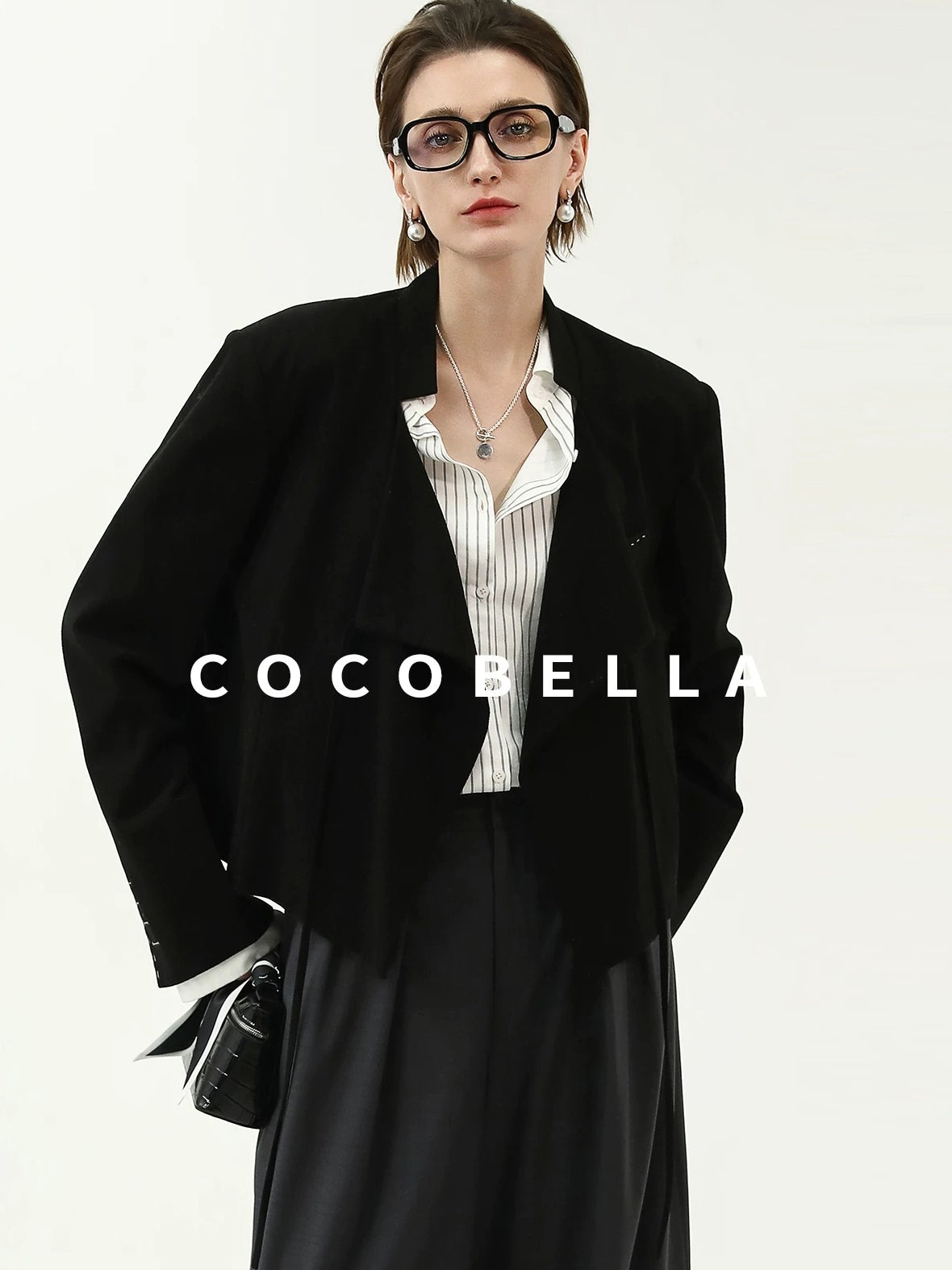 COCOBELLA Streamlined Office Straight Cut Topstitched Detachable Cuffs Women Black Blazers
