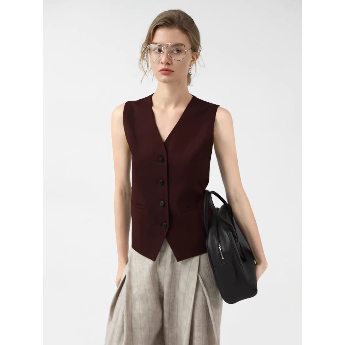 COCOBELLA_Stretch_Polyester_Blend_V_Neck_Short_Single_Button_Commuter_Tailored_Casual_Vest_MISSTT