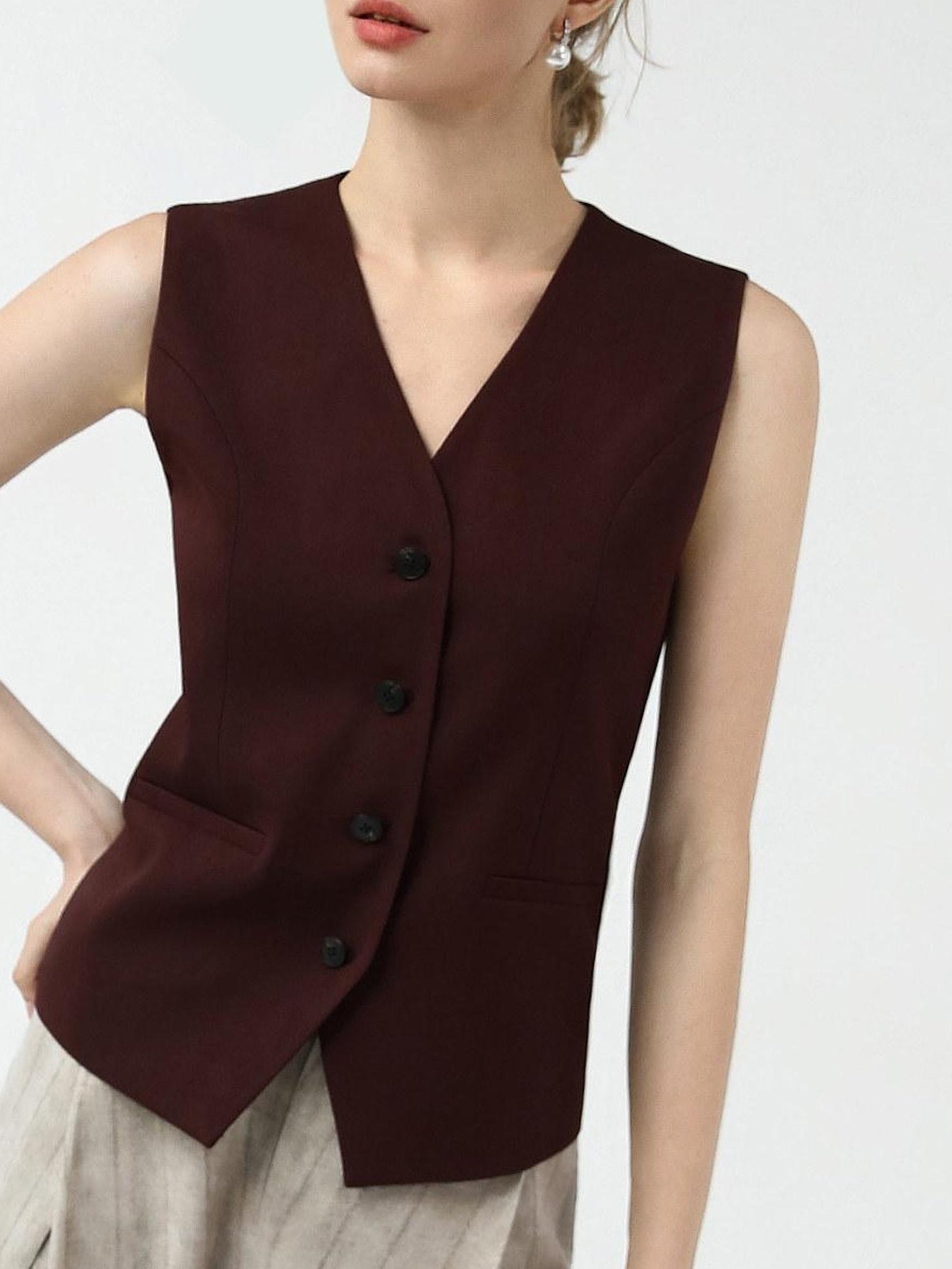 COCOBELLA Stretch Polyester Blend V Neck Short Single Button Commuter Tailored Casual Vest