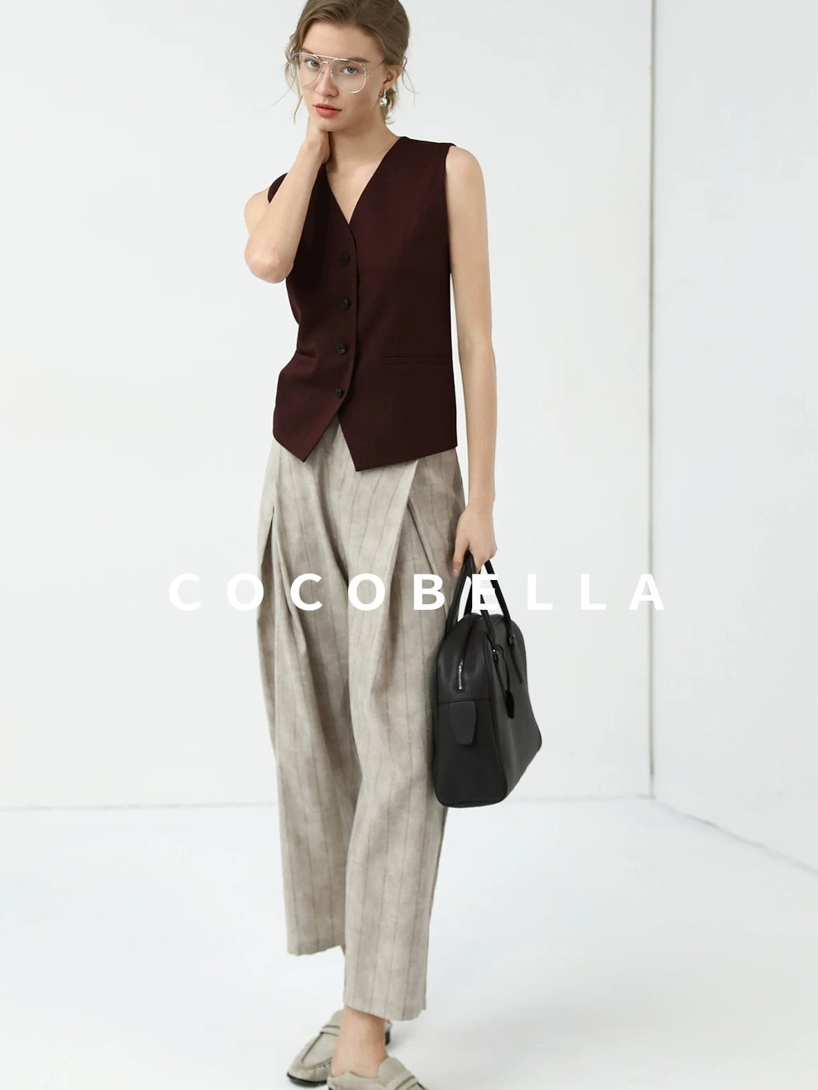COCOBELLA Stretch Polyester Blend V Neck Short Single Button Commuter Tailored Casual Vest