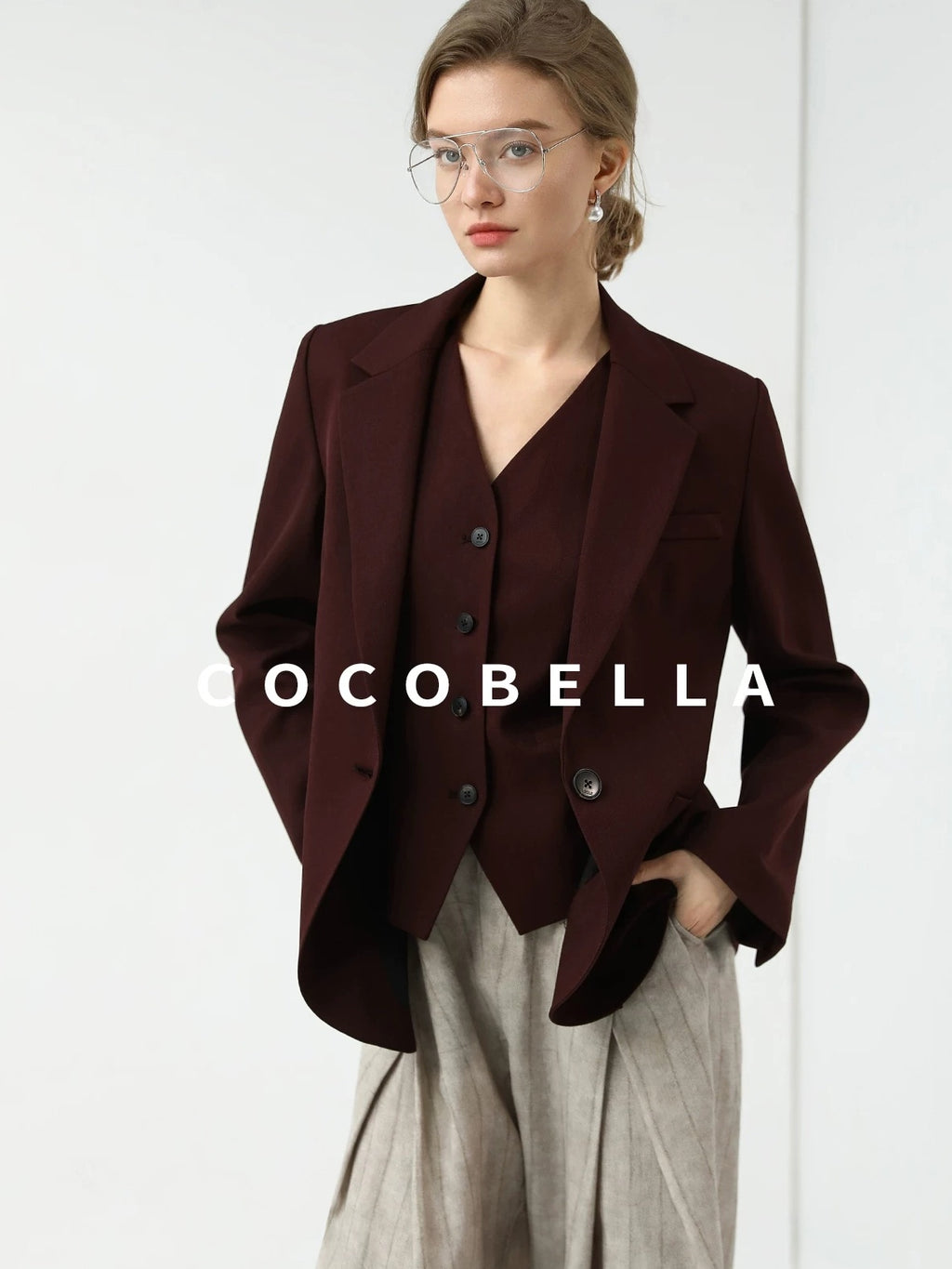 COCOBELLA Stretch Polyester Blend V Neck Short Single Button Commuter Tailored Casual Vest