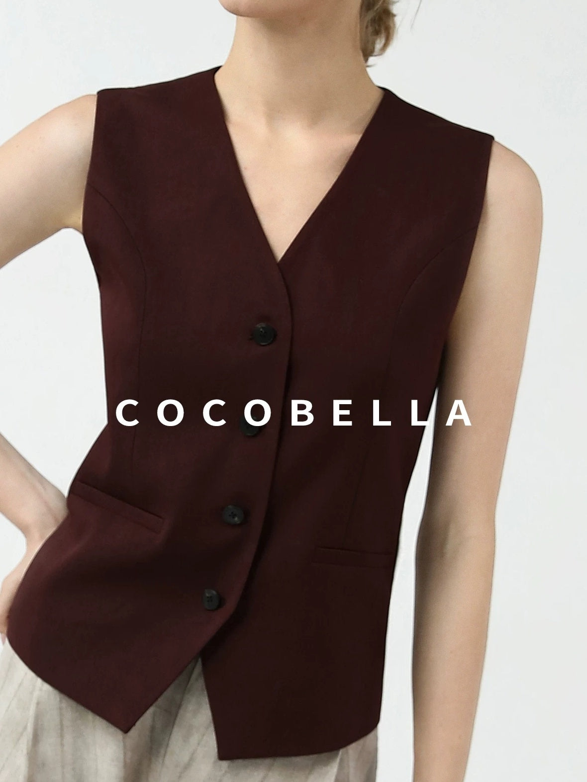 COCOBELLA Stretch Polyester Blend V Neck Short Single Button Commuter Tailored Casual Vest