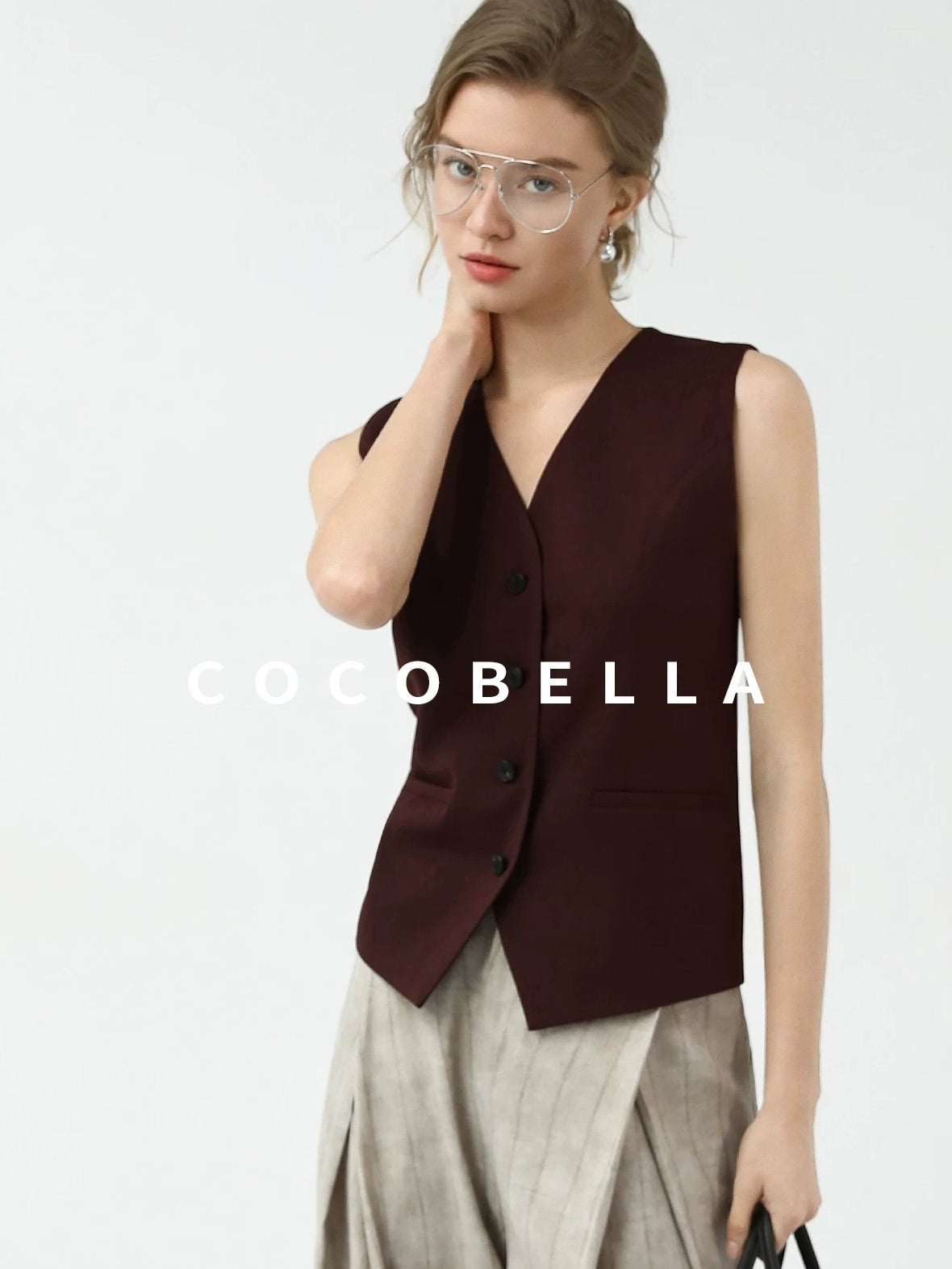 COCOBELLA Stretch Polyester Blend V Neck Short Single Button Commuter Tailored Casual Vest