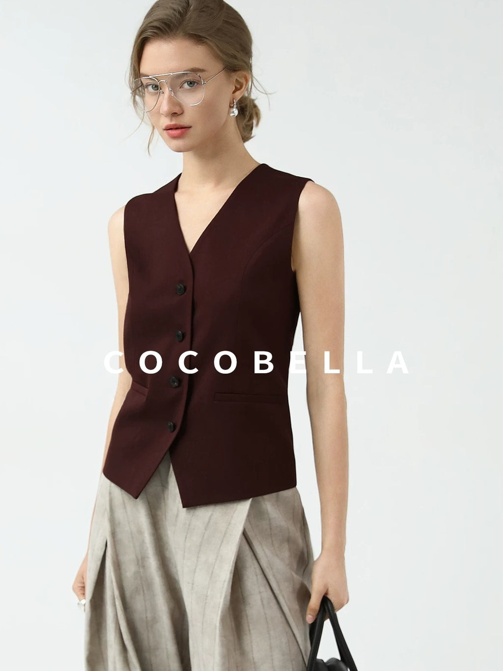 COCOBELLA Stretch Polyester Blend V Neck Short Single Button Commuter Tailored Casual Vest