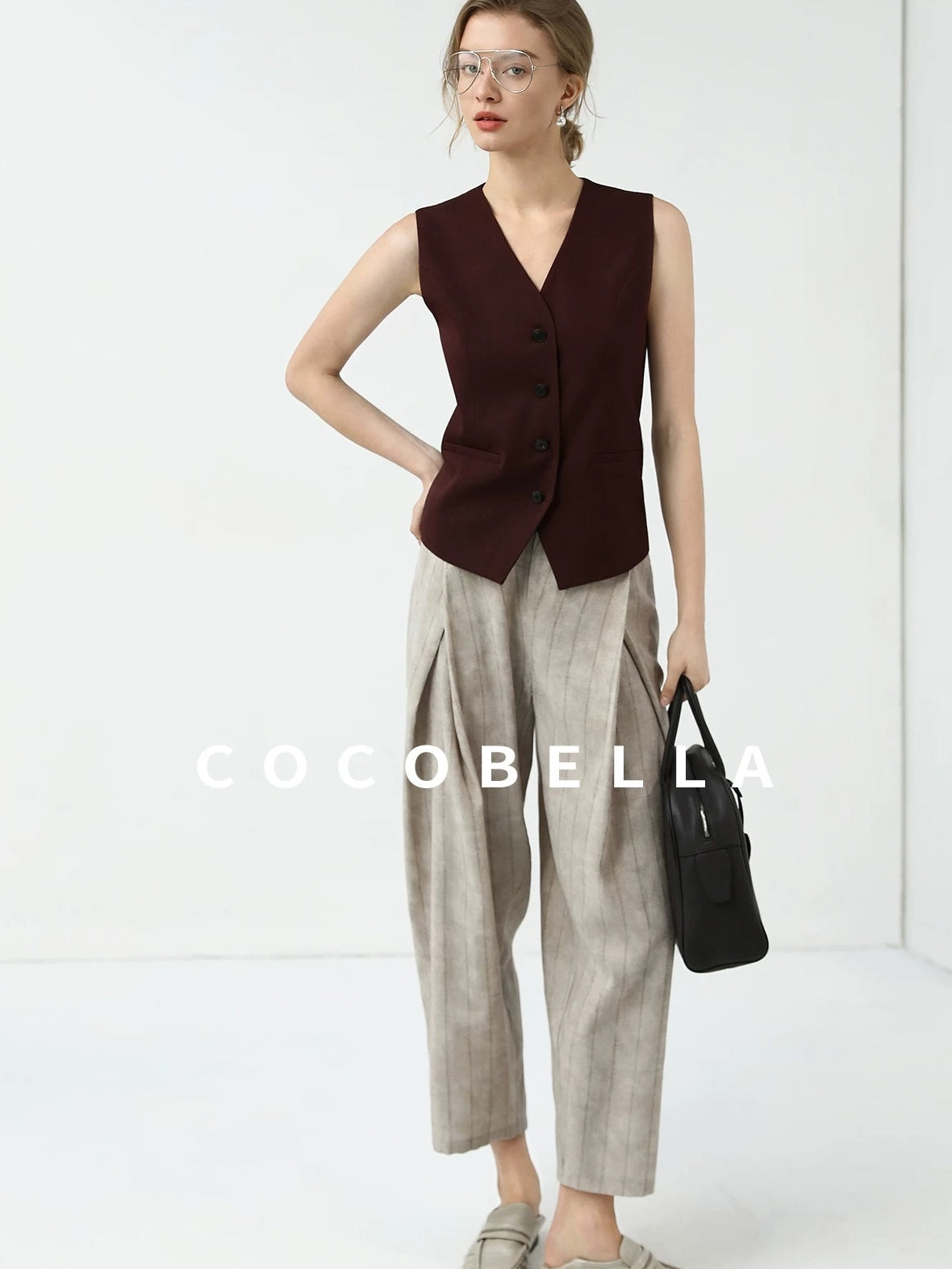 COCOBELLA Stretch Polyester Blend V Neck Short Single Button Commuter Tailored Casual Vest