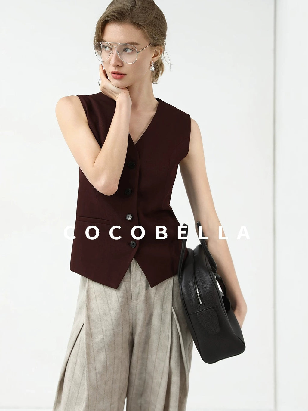 COCOBELLA Stretch Polyester Blend V Neck Short Single Button Commuter Tailored Casual Vest