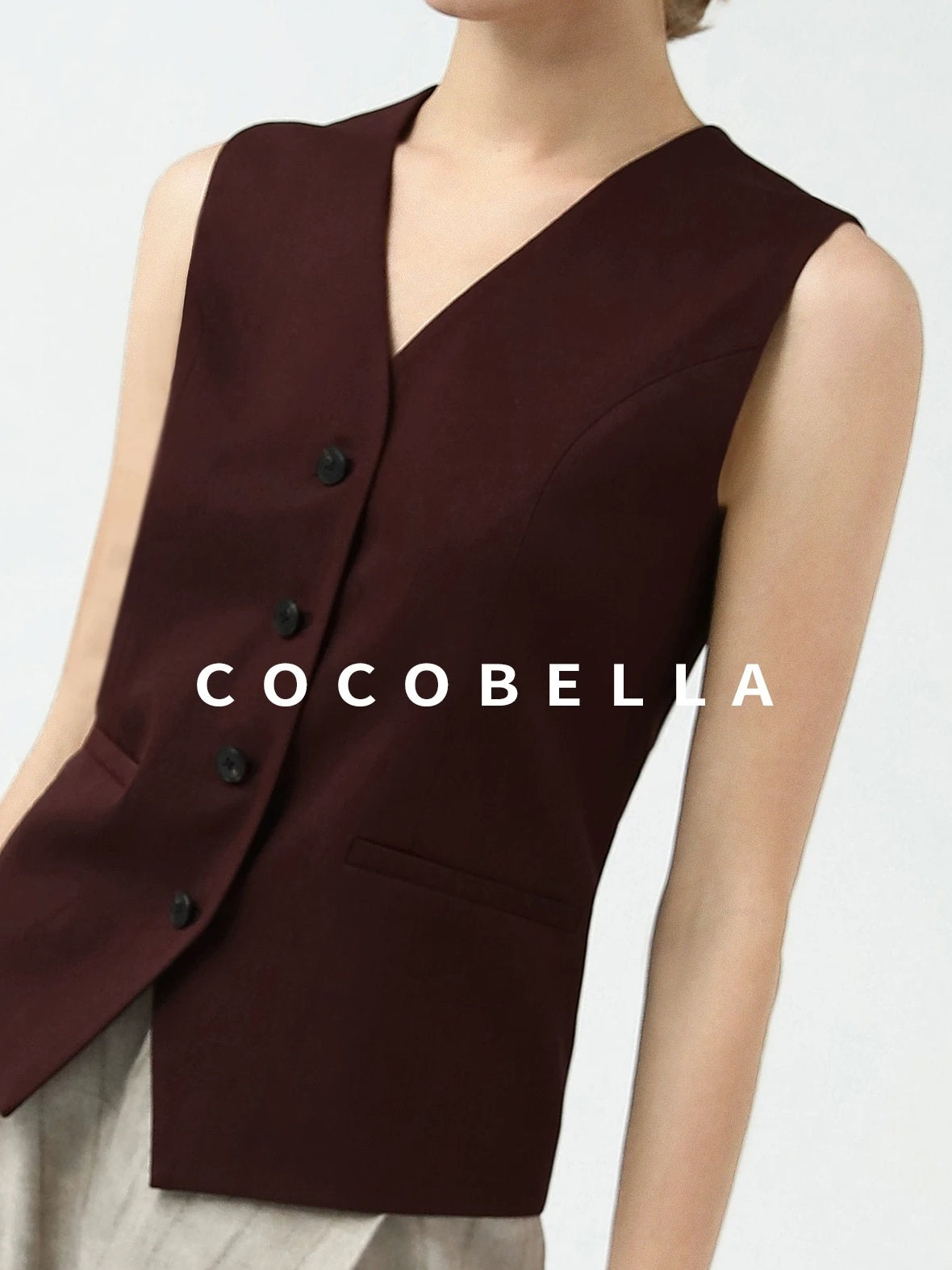 COCOBELLA Stretch Polyester Blend V Neck Short Single Button Commuter Tailored Casual Vest