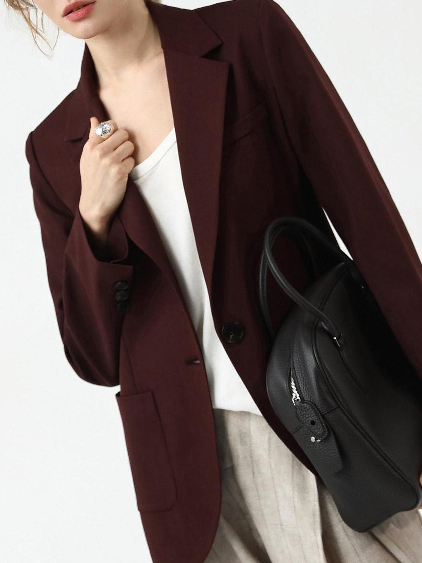 COCOBELLA Stretch Polyester Single Button Straight Cut Office Work Women Solid Red Blazers